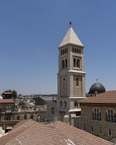 Israel, Jerusalem, The bell tower of the Luthern Church of the Redeemer and the gray dome of the Sisters of Zion Convent in the Christian Quarter of the Old City. The Old City of Jerusalem and its Wal...