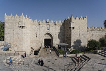 Israel, Jerusalem, The Damascus Gate on the north side of the Old City. The Old City of Jerusalem and its Walls - UNESCO World Heritage Site.