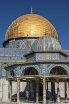 Israel, Jerusalem, The Dome of the Rock shrine or Qubbat As-Sakhrah was built within the walls of the Old City on the Jewish Temple Mount and site of the Second Jewish Temple. It was completed about 6...