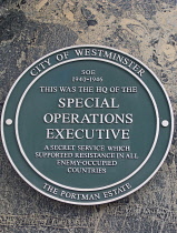 England, London, Westminster,Green plaque for the SOE HQ on Baker Street.