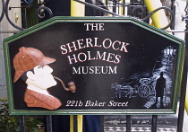 England, London, Westminster, Sign outside the Sherlock Holmes Museum 221b Baker Street.