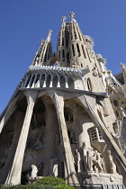 Spain, Catalonia, Barcelona, Sagrada Familia exterior showing the Passion facade, Josep Maria Subirachs (1927-2014).