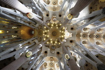 Spain, Catalonia, Barcelona, Interior of the Sagrada Familia designed by Antoni Gaudi, Mathew, Mark, Luke, John columns, Temple ceiling with kaleidoscopic effect.