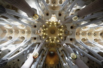 Spain, Catalonia, Barcelona, Interior of the Sagrada Familia designed by Antoni Gaudi, Mathew, Mark, Luke, John columns, Temple ceiling with kaleidoscopic effect.