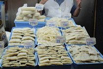 Spain, Catalonia, Barcelona, Market Sant Josep Boqueria, Display of Stock Fish, Clip Fish, Salted Cod, Air dried Bacaloa.