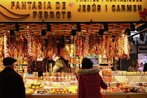 Spain, Catalonia, Barcelona, Market Sant Josep Boqueria, Vendor selling herbs and spices