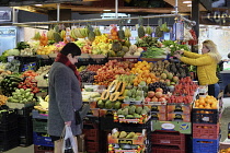 Spain, Catalonia, Barcelona, Market Sant Josep Boqueria, Fresh fruit and vegetable stall.