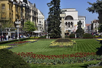 Romania, Timis, Timisoara, View through gardens to Opera House, Piata Victoriei, old town.
