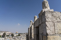 Israel, Jerusalem, A view of the al-Ghawanima Minaret and the Dome of the Rock from the rampart above the Damascus Gate, looking across the Muslim Quarter of the Old City. The Old City of Jerusalem an...