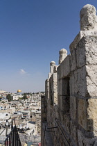 Israel, Jerusalem, A view of the Dome of the Rock from the rampart above the Damascus Gate, looking across the Muslim Quarter of the Old City. The Old City of Jerusalem and its Walls is a UNESCO World...