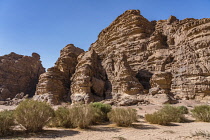 Jordan, Wadi Rum Protected Area, Desert sand and mountains in the Wadi Rum Protected Area, a UNESCO World Heritage Site. Um Sahn sandstone .