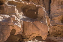 Jordan, Wadi Rum Protected Area, Eroded sandstone walls in the Wadi Rum Protected Area, a UNESCO World Heritage Site.