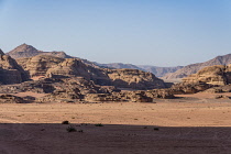 Jordan, Wadi Rum Protected Area, Desert sand and mountains in the Wadi Rum Protected Area, a UNESCO World Heritage Site. Um Sahn sandstone.