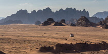 Jordan, Wadi Rum Protected Area, Desert sand and mountains in the Wadi Rum Protected Area, a UNESCO World Heritage Site. Um Sahn sandstone.