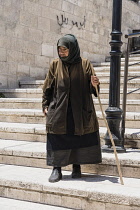 Palestine, Bethany, Occupied West Bank, An elderly Palestinian woman wearing a hijab or headscarf in the town of Bethany or al-Azariya in the Occupied West Bank.