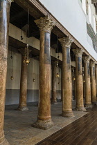 Palestine, Bethlehem, Corinthian columns in the nave of the Church of the Nativity in Bethlehem in the Occupied West Bank. The original basilica was built in 339 A.D. over the Nativity Grotto which is...