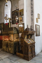 Palestine, Bethlehem, Furnishings in the transept of the Church of the Nativity in Bethlehem in the Occupied West Bank. The original basilica was built in 339 A.D. over the Nativity Grotto which is th...