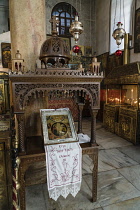 Palestine, Bethlehem, Furnishings in the transept of the Church of the Nativity in Bethlehem in the Occupied West Bank. The original basilica was built in 339 A.D. over the Nativity Grotto which is th...