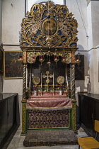 Palestine, Bethlehem, Furnishings in the transept of the Church of the Nativity in Bethlehem in the Occupied West Bank. The original basilica was built in 339 A.D. over the Nativity Grotto which is th...