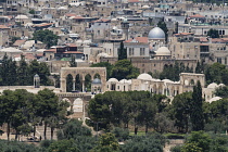 Israel, Jerusalem, Mount of Olives, A telephoto view of the north end of the platform of the Dome of the Rock with entry arches and shrines as seen from the Mount of Olives. Temple Mount or al-Haram a...