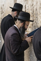 Israel, Jerusalem, Western Wall, Jewish men worship at the Western Wall of the Temple Mount in the Jewish Quarter of the Old City. The Old City of Jerusalem and its Walls is a UNESCO World Heritage Si...