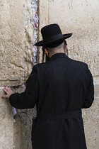 Israel, Jerusalem, Western Wall, A Haredic Jewish man prays at the Western Wall of the Temple Mount in the Jewish Quarter of the Old City. The Old City of Jerusalem and its Walls is a UNESCO World Her...