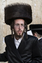 Israel, Jerusalem, Western Wall, A Hasidic Jewish man in his traditional shtreimel or fur hat at the Western Wall of the Temple Mount in the Jewish Quarter of the Old City. Hasidism is a type of ultra...