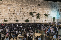 Israel, Jerusalem, Western Wall, Jewish men worship at the Western Wall of the Temple Mount in the Jewish Quarter of the Old City. The Old City of Jerusalem and its Walls is a UNESCO World Heritage Si...