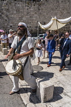 Israel, Jerusalem, Jewish Quarter, Musicians lead the procession before a bar mitzvah ceremony in the Jewish Quarter of the Old City. The Old City of Jerusalem and its Walls is a UNESCO World Heritage...