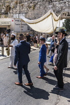 Israel, Jerusalem, Jewish Quarter, Musicians lead the procession before a bar mitzvah ceremony in the Jewish Quarter of the Old City. The Old City of Jerusalem and its Walls is a UNESCO World Heritage...