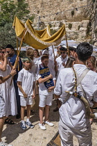 Israel, Jerusalem, Jewish Quarter, A bar mitzvah procession moves toward the entrance to the Jewish Quarter of the Old City. One young boy carries the Torah scrolls.