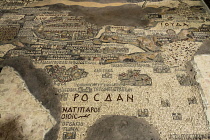 Jordan, Madaba, The famous mosaic map of Palestine, called the Madaba Map, on the floor of St. George's Church. It was originally the floor of a Byzantine church and was crafted in 560 A.D. and is the...