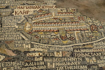 Jordan, Madaba, The famous mosaic map of Palestine, called the Madaba Map, on the floor of St. George's Church. It was originally the floor of a Byzantine church and was crafted in 560 A.D. and is the...