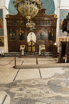 Jordan, Madaba, The famous mosaic map of Palestine, called the Madaba Map, on the floor of the nave of St. George's Church. It was originally the floor of a Byzantine church and was crafted in 560 A.D...
