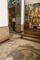 Jordan, Madaba, The famous mosaic map of Palestine, called the Madaba Map, on the floor of St. George's Church. It was originally the floor of a Byzantine church and was crafted in 560 A.D. and is the...