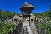 Ireland, County Clare, Quin, Craggaunowen, The Living Past Experience, Reconstruction of a crannog with wooden fenced pathway leading in to settlement area.