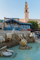 Israel, Jaffa, Old Jaffa, A whimsical fountain with fancifal creatures on the tourist plaza next to St. Peter's Church.