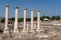 Israel, Bet She'an, Bet She'an National Park, Stone pillars in the ruins of the city of Scythopolis, a Roman city in northern Israel. During the Roman era, it was one of the most important of the Deca...