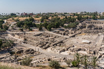 Israel, Bet She'an, Bet She'an National Park, Stone pillars along Sylvanus Street in the ruins of the city of Scythopolis, a Roman city in northern Israel. During the Roman era, it was one of the most...