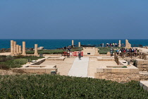 Israel, The ruins of Caesarea Maritima in Caesarea National Park. The city was built as a port on the Mediterranean Sea by Herod the Great between 22 and 15 B.C. In the background is the Orot Rabiin p...