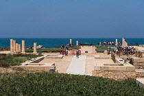 Israel, The ruins of Caesarea Maritima in Caesarea National Park. The city was built as a port on the Mediterranean Sea by Herod the Great between 22 and 15 B.C. In the background is the Orot Rabiin p...