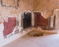 Israel, Stuccoed murals on the interior walls of the Commandant's residence in the ruins of the fortress of Masada in the Judean Desert of Israel. Masada National Park is a UNESCO World Heritage Site....