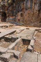 Israel, Caesarea Philippi, Hermon Springs Nature Reserve, The foundation of the temple of Zeus in the ruins of the Greco-Roman religious center of Panias at Caesarea Philippi in the Hermon Springs (Ba...