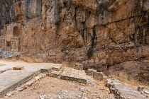 Israel, Caesarea Philippi, Hermon Springs Nature Reserve, The foundation of the temple of Zeus in the ruins of the Greco-Roman religious center of Panias at Caesarea Philippi in the Hermon Springs (Ba...