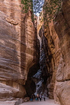 Jordan, Petra, Arab tourists hike into a narrow slot canyon called the Siq to see the ruins of the Nabataean city of Petra in the Petra Archeological Park is a Jordanian National Park and a UNESCO Wor...