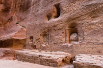 Jordan, Petra, Niches carved in the wall of the narrow slot canyon called the Siq which leads to the ruins of the Nabataean city of Petra in the Petra Archeological Park is a Jordanian National Park a...