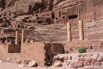 Jordan, Petra, Stone columns in front of the theater on the Street of Facades in the Nabataean city of Petra in the Petra Archeological Park is a Jordanian National Park and a UNESCO World Heritage Si...