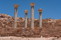 Jordan, Petra, Stone columns of the Blue Church, a Byzantine church in the ruins of the Nabataean city of Petra in the Petra Archeological Park is a Jordanian National Park and a UNESCO World Heritage...