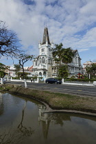 Guyana, Demerara-Mahaica Region, Georgetown, The old City Hall built of timber and completed 1889 in the Danube Gothic style.  It is no longer the city hall and has fallen into disrepair.