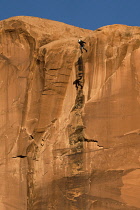 USA, Utah, Moab, A base jumper leaps off the 400 foot vertical face of the Tombstone in Kane Springs Canyon. Note his shadow on the cliff.